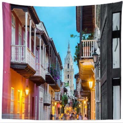 CORFOTO 180x117 Inch Fabric Colombia City Street Night Tapestry Vintage Cartagena Buildings Sky Wall Hanging Colombia Travel Tapestry for Bedroom Aesthetic Living Room College Dorm Decor