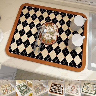 Fantasy Style Faucet Draining Mat, Kitchen Super Absorbent Draining Mat, Absorbent Dish Drying Mat, Vintage Floral Plates Non-slip Drain Pad Quick Dry Mats Kitchen Accessories (B)