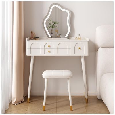 Modern Vanity Desk with Cloud Mirror, 3 Color Lighting Modes, Bedroom Dressing Table with 3 Drawers and 1 Cushioned Stool (Color : White, Size : 80x40x132cm)