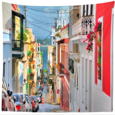 CORFOTO 140x117 Inch Fabric City Street Tapestry Colorful Building Houses San Juan Puerto Rico Street Wall Hanging Puerto Rico Travel Tapestry for Bedroom Aesthetic Living Room College Dorm Decor