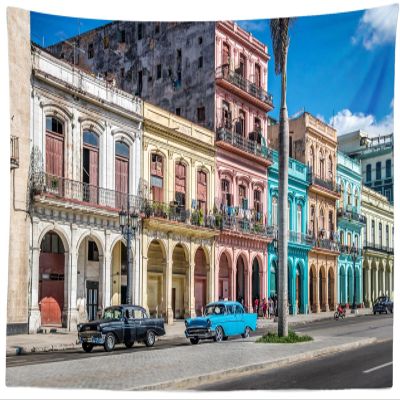 CORFOTO 117x98 Inch Fabric Havana Street Road Tapestry Colorful Buildings Cuba Street Wall Hanging Cuba Travel Tapestry for Bedroom Aesthetic Living Room College Dorm Decor