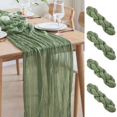 Asee'm 4pcs Cheesecloth Table Runner 120 Inches Sage Green Boho Gauze Cheese Cloth Runner 10FT Rustic Sheer Table Runners for Summer Wedding Baby Shower Holiday Party Decoration