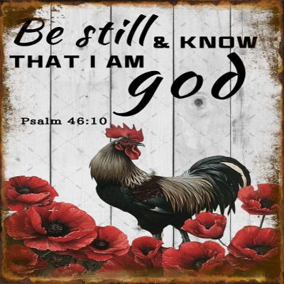 EMOHAT Flowering Rooster Metal Tin Sign Chicken Decoration Be Still I Am God Funny Poster Wall Art for Room Home Bar Pub12x8 Inches