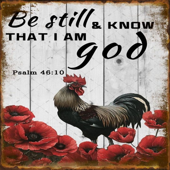 EMOHAT Flowering Rooster Metal Tin Sign Chicken Decoration Be Still I Am God Funny Poster Wall Art for Room Home Bar Pub12x8 Inches