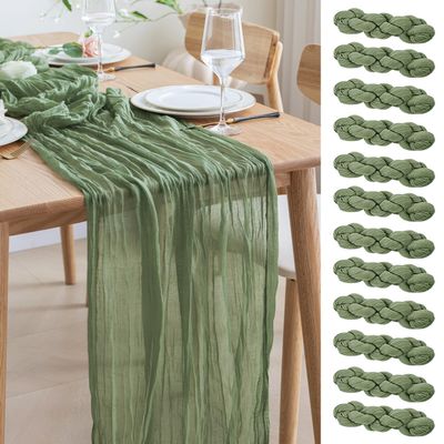 Asee'm 12pcs Cheesecloth Table Runner 120 Inches Sage Green Boho Gauze Cheese Cloth Runner 10FT Rustic Sheer Table Runners for Summer Wedding Baby Shower Holiday Party Decoration
