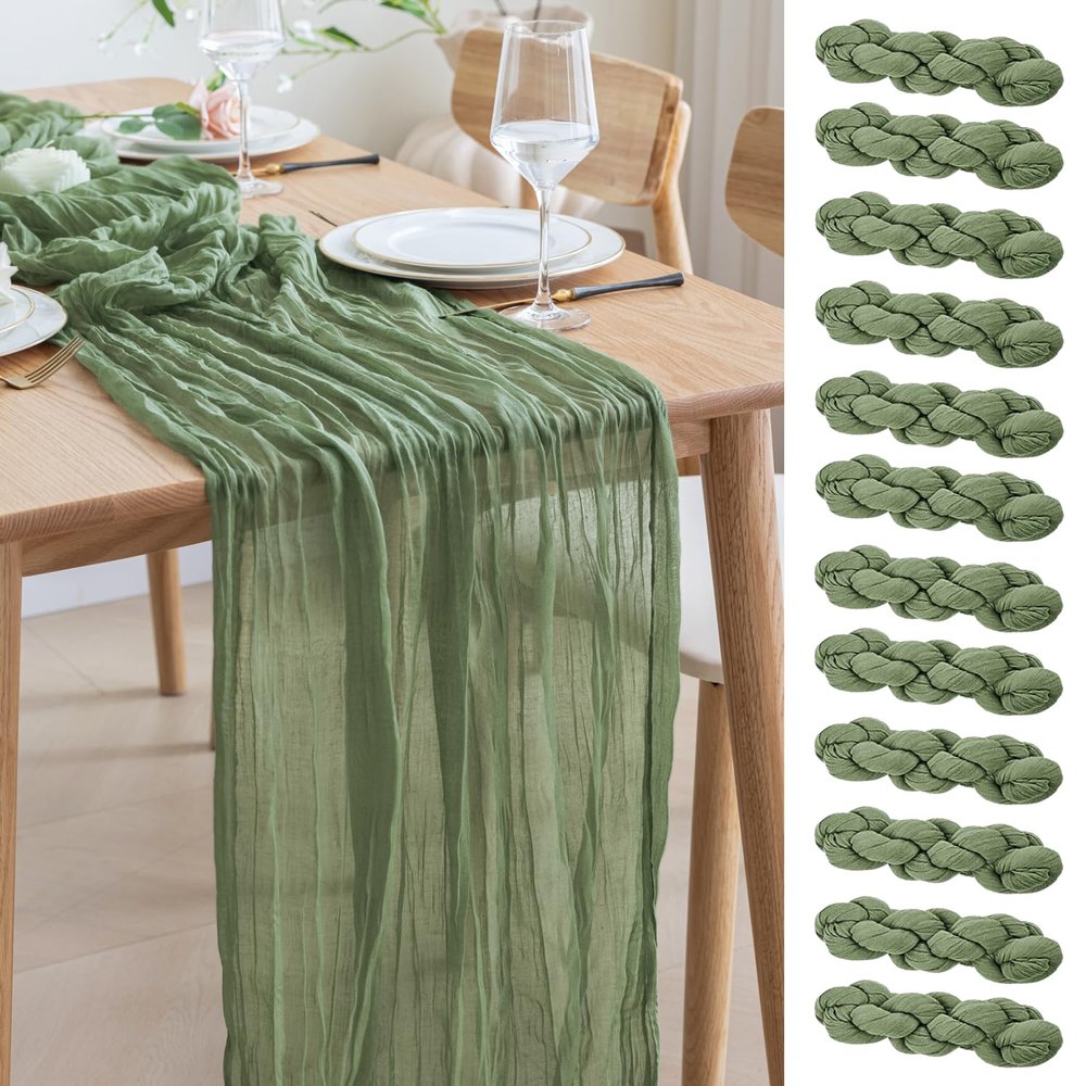 Asee'm 12pcs Cheesecloth Table Runner 120 Inches Sage Green Boho Gauze Cheese Cloth Runner 10FT Rustic Sheer Table Runners for Summer Wedding Baby Shower Holiday Party Decoration