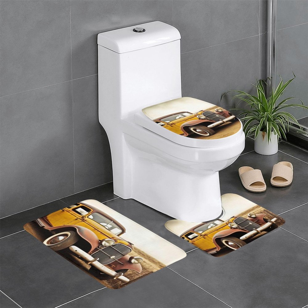 Visent Antique Car Printed Bathroom Rugs Sets 3 Piece Toilet Cover and Rug Set Mat Non Slip 3 Piece Bath Rug Set for Bathroom,Bedroom, Kitchen