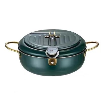 FAIRE Deep Fryer Pot, 304 Stainless Steel with Temperature Control and Lid Japanese Style Tempura oil fryer, Uncoated Fryer (Color : Green, Size : 21cm/8.2in)
