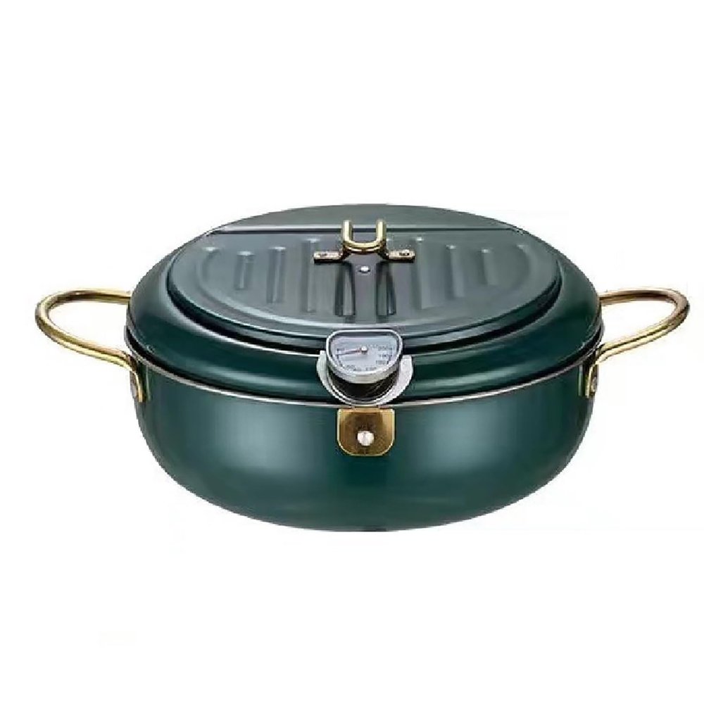 FAIRE Deep Fryer Pot, 304 Stainless Steel with Temperature Control and Lid Japanese Style Tempura oil fryer, Uncoated Fryer (Color : Green, Size : 21cm/8.2in)