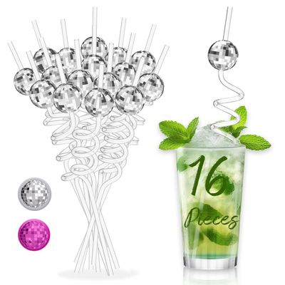 16PCS Disco Party Decorations, Mini Disco Ball Decor Reusable Straw, 70s Disco Ball Straws for Bachelorette Party Decorations Birthday Supplies (Silver)