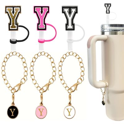 3 +3) 3PCS Nuozme Straw Cover 10mm For Stanley Tumbler Cup Reusable Straw Cap Topper with 3 Initial Letter Charms Accessories Name ID Personalized Handle Charm For Stanley 30&40 Oz Cup Tumbler