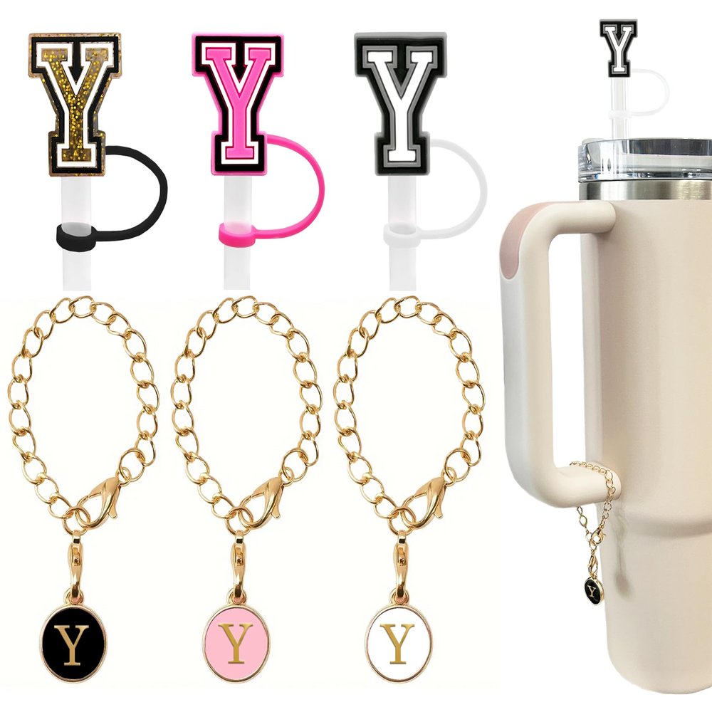 3 +3) 3PCS Nuozme Straw Cover 10mm For Stanley Tumbler Cup Reusable Straw Cap Topper with 3 Initial Letter Charms Accessories Name ID Personalized Handle Charm For Stanley 30&40 Oz Cup Tumbler