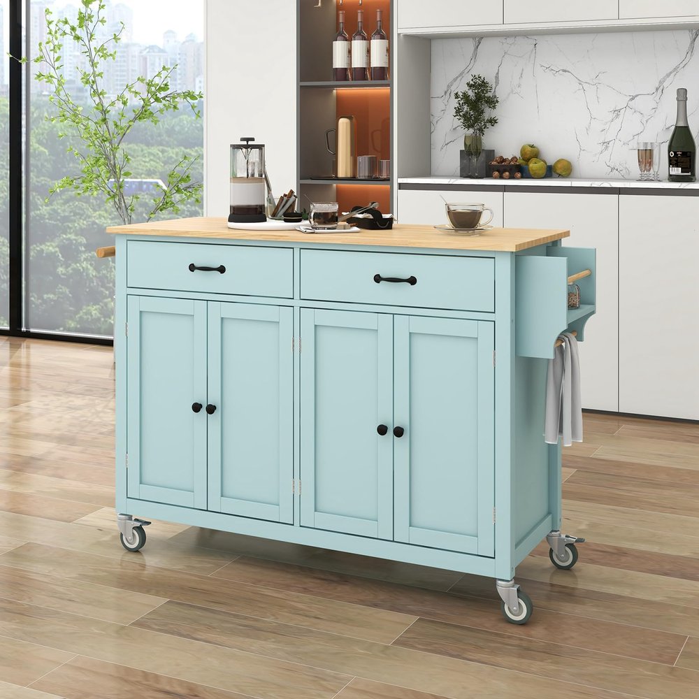 NOLLAM Modern Kitchen Island Cart, Rolling Mobile Kitchen Island with 4 Door Cabinet and 2 Drawers, Portable Island for Kitchen with Adjustable Shelves, Kitchen Cabinet for Dining Room, Mint Green