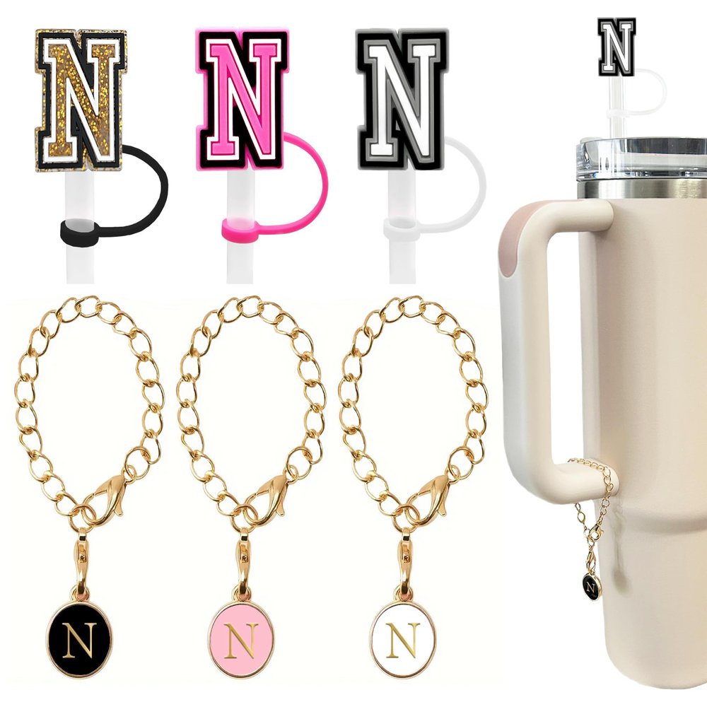 3 +3) 3PCS Nuozme Straw Cover 10mm For Stanley Tumbler Cup Reusable Straw Cap Topper with 3 Initial Letter Charms Accessories Name ID Personalized Handle Charm For Stanley 30&40 Oz Cup Tumbler