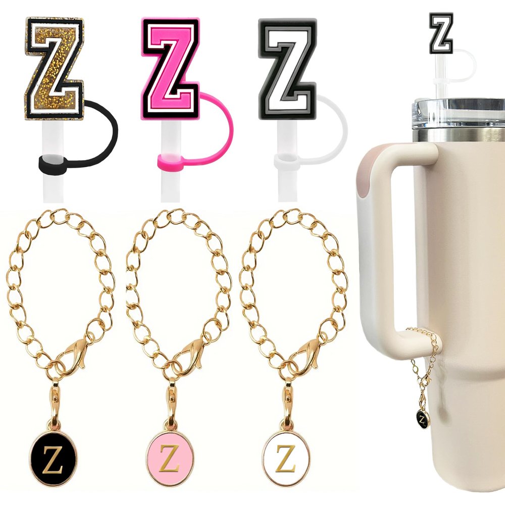 3 +3) 3PCS Nuozme Straw Cover 10mm For Stanley Tumbler Cup Reusable Straw Cap Topper with 3 Initial Letter Charms Accessories Name ID Personalized Handle Charm For Stanley 30&40 Oz Cup Tumbler