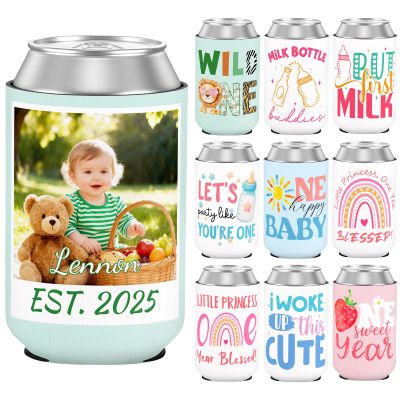 100 Pack Custom 1st Birthday Can Cooler with Photo Name, Personalized Bulk Insulated Neoprene Drink Holder for First Birthday Party Favors, 1st Birthday Decorations Boy or Girl