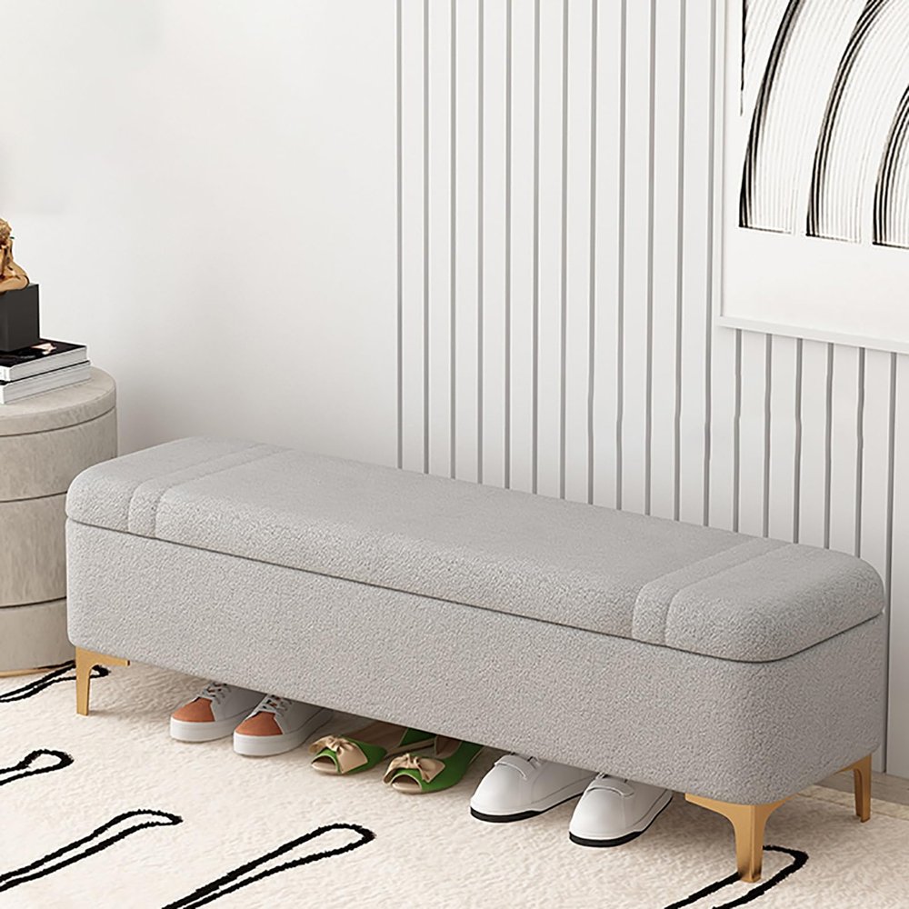 Padded bench seat made of plush fabric, bedroom bench with storage, living room storage bench with golden stool legs, upholstered bench, shoe cabinet bench, suitable for living room, bedroom, etc. ( C