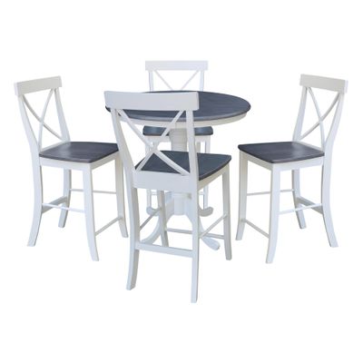 IC INTERNATIONAL CONCEPTS 36" Round Pedestal Gathering Height Table with 4 X-Back Counter Height Stools, White/Heather Gray