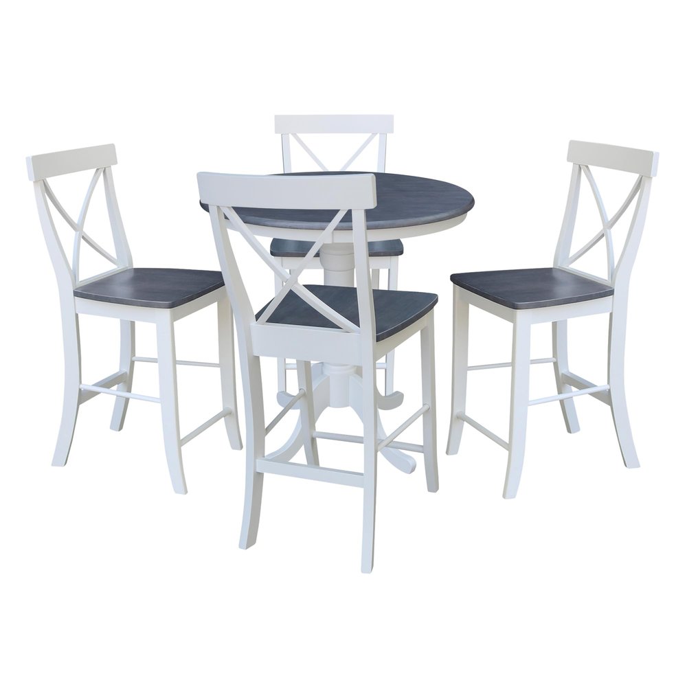 IC INTERNATIONAL CONCEPTS 36" Round Pedestal Gathering Height Table with 4 X-Back Counter Height Stools, White/Heather Gray