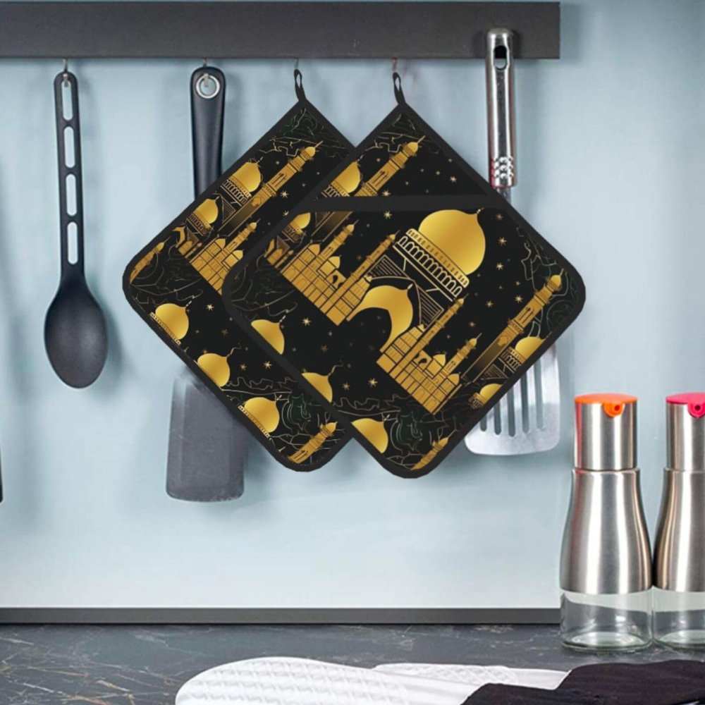 2 PCS Pot Holders Heat Resistant Potholder for Kitchen Mosque and Golden Dome Pattern Hot Pad Non Slip Potholders for Cooking Square Trivet with Hanging Loops 8"  8"
