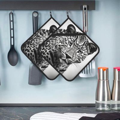 2 PCS Pot Holders Heat Resistant Potholder for Kitchen White Leopard Animal Hot Pad Non Slip Potholders for Cooking Square Trivet with Hanging Loops 8"  8"