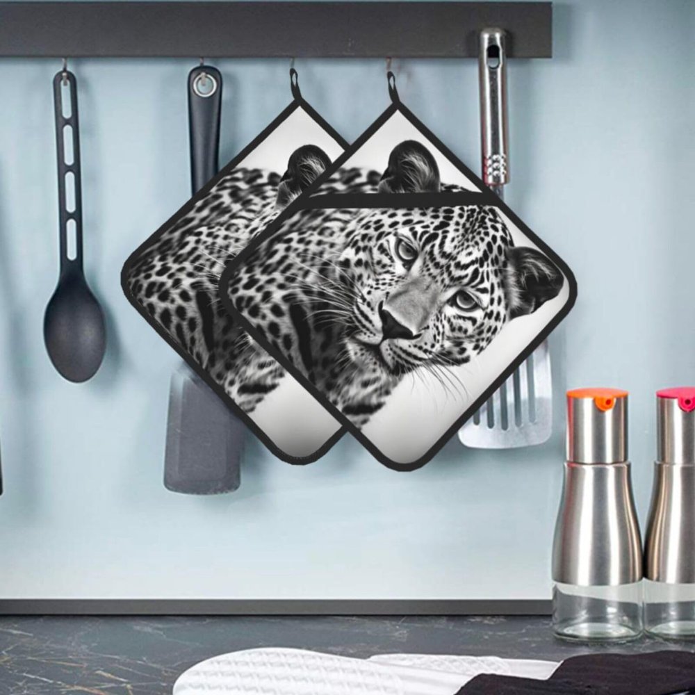 2 PCS Pot Holders Heat Resistant Potholder for Kitchen White Leopard Animal Hot Pad Non Slip Potholders for Cooking Square Trivet with Hanging Loops 8" 8"