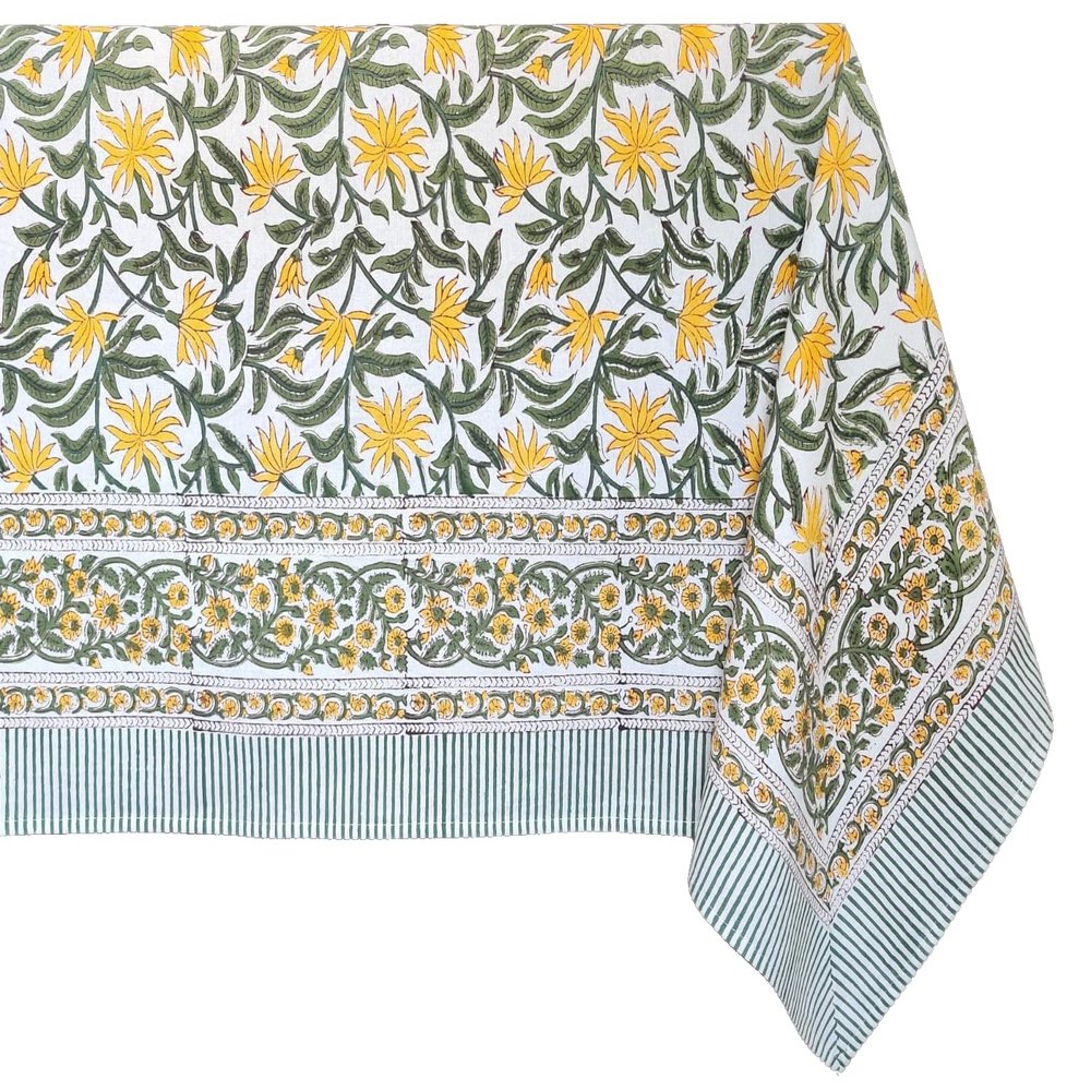 ATOSII Noor 100% Cotton Rectangle Spring Tablecloth, Handblock Floral Print Linen Table Cloth for Kitchen Dining I Parties, Outdoors, Weddings, Easter Holidays I 72 X 108 Inches I 8 Seater