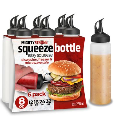 6 Pack Condiment Squeeze Bottles - 8 Oz Squirt Bottles with Leak Proof Snap Cap, Easy Pour Sauce Bottles for Liquids, Ketchup, Oil