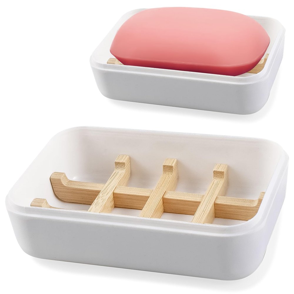 2Pcs Soap Dishes Bamboo Soap Bar Holder Effortless to Clean Soap Tray Multipurpose Bar Soap Holder Black/White Soap Dishes for Shower Bathroom Kitchen Bathtub 12.5x8.5x5cm (White)
