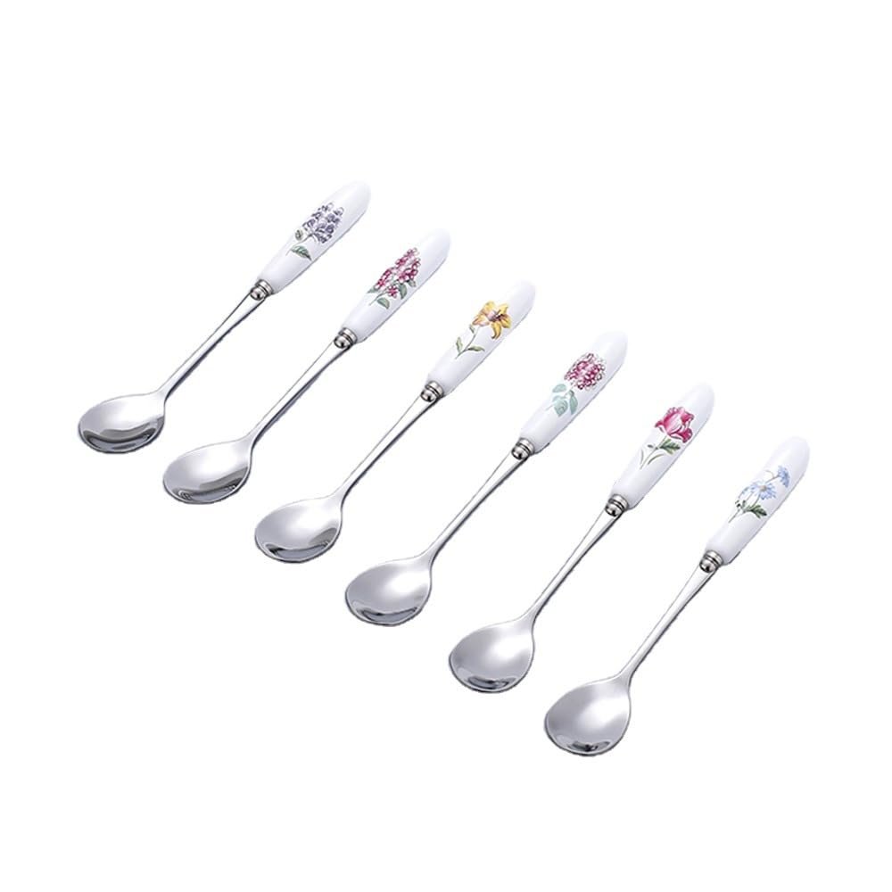 ONUIFIKE Silverware Set, 6Pcs Stainless Steel Coffee Spoon, Ice Cream Spoon, Tableware, Creative Ceramic Handle Spoon, Dessert Fruit Spoon, Cutlery Flatware Set