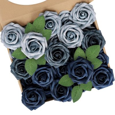 N&T NIETING Dusty Blue Fake Roses,50pcs Artificial Flowers Faux Flowers Fake Flowers for DIY Wedding Bouquets Centerpieces Floral Arrangements Home Decorations Shades of Navy Blue
