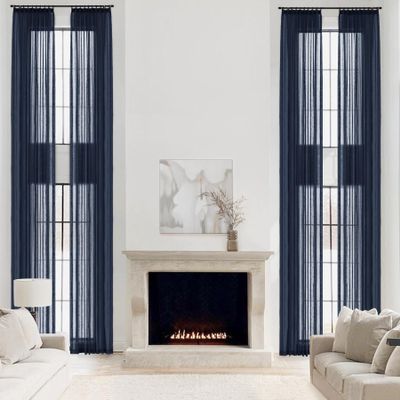 Frelement Pinch Pleat Curtains for Track System Linen Sheer Drapes Extra Long Light Filtering Drapes for High Ceiling Loft Indoor Curtains with Tiebacks, 50" W x 156" L, 2 Panels, Navy Blue