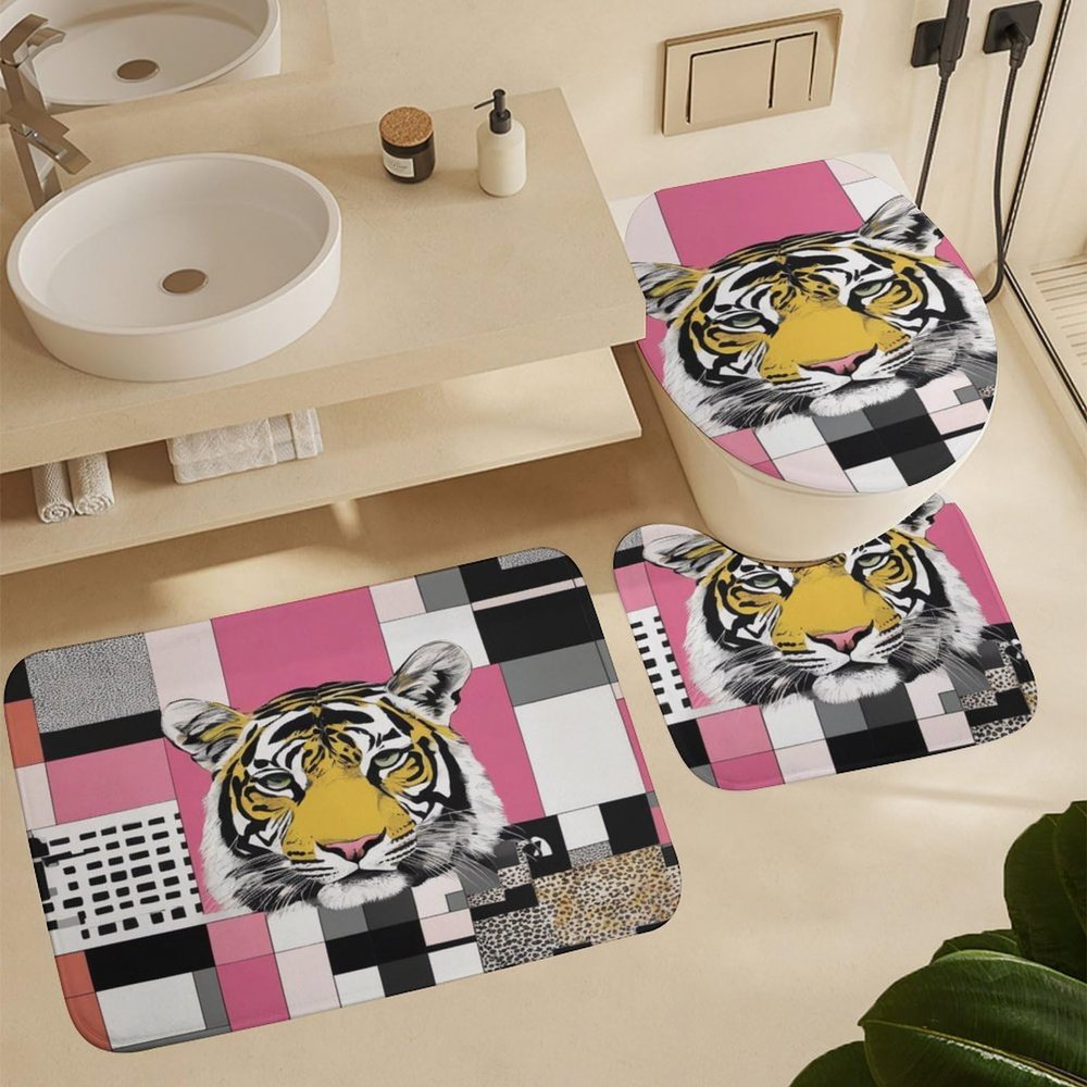 ZGDPBYF Bathroom Rug Set of 3 Animal Tiger 3 Pieces Bath Mats Set for Bathroom, Tiger Black and White Pink Geometric Splicing Washable Cover Floor Rug Decorations for Kitchen Bathroom Bedroom