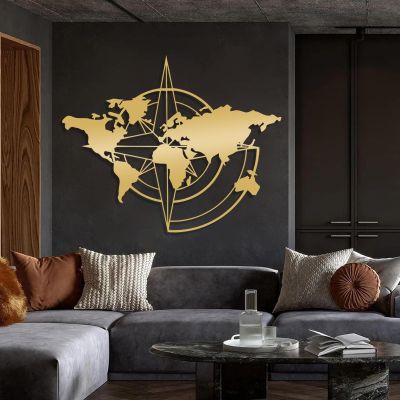 Eliauk World Map Metal Wall Art, World Map Wall Art Decor, Metal World Map Compass Wall Decor, World Map Compass Continent, Metal Wall Decor Art Work, Housewarming Gift (19"x24"|48x60cm, Gold)