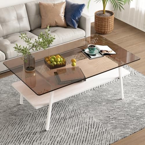 YOUGUO Glass Coffee Table for Living Room, Mid Century 2 Tier Coffee Table, Center Table with Brown Tempered Glass Top & White Storage Shelf for Apartment Small Space