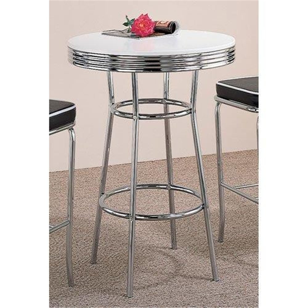 HomeStock Rustic Romance 50'S Soda Fountain Bar Table with Chrome Base and White Top, Perfectly Sized at 41.75" H X 30" W X 30" D for Drinks and Snacks, Adding Retro Style to Your Space