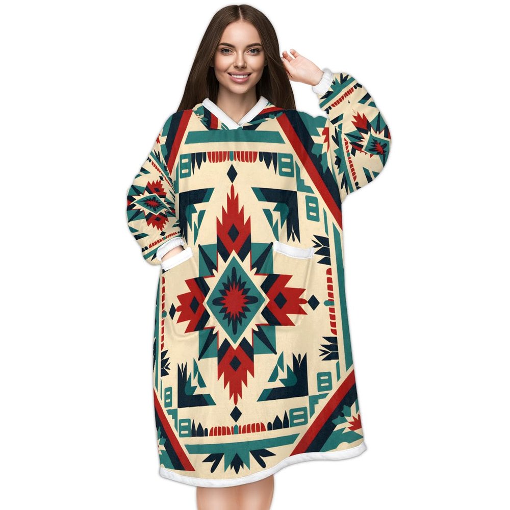 Aztec Wearable Blanket Hoodie Oversized Hooded Blanket Sweatshirt with Pocket Sleeves, Thick Hoodie Blanket Cozy Warm Fuzzy Blanket Gifts for Adult Women Men
