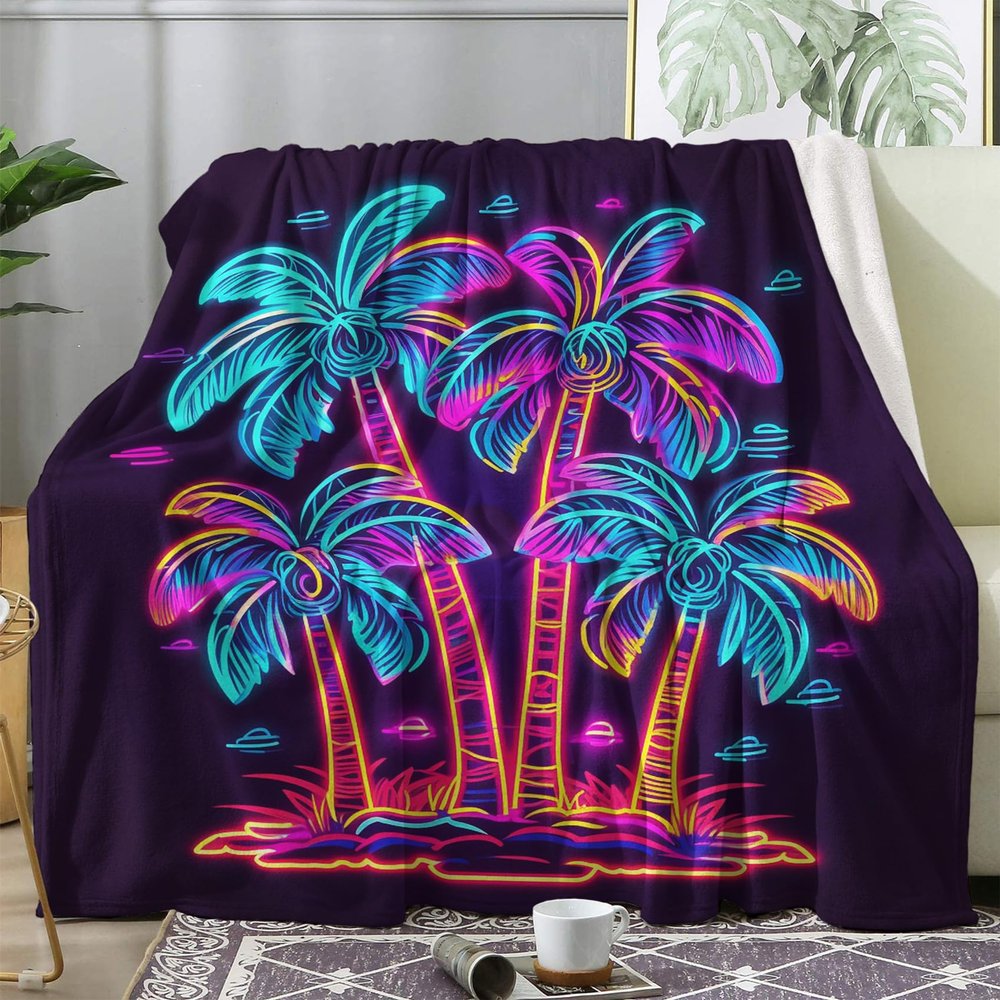 zcwl Palm Tree Throw Blanket, Neon Fleece Blanket for Couch Bed Sofa, Tropical Patterned Blankets and Throws, Super Soft Cozy Plush Flannel Blanket, 30x40, Decor & Gift