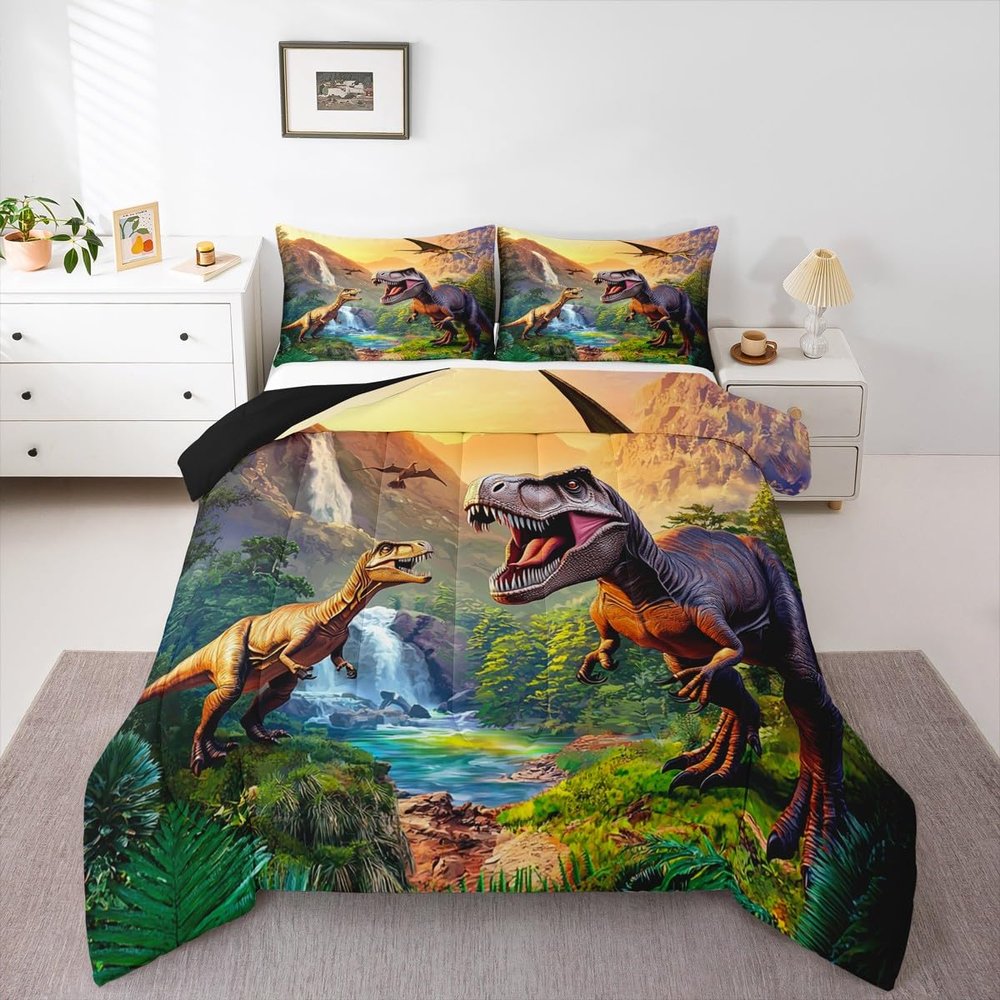 Erosebridal Kids Dinosaur Bedding Twin Comforter Set for Boys Cartoon Dino Bedding Sets,3D Jungle Animals Bed Set Dinosaur Room Decor for Boys,1 Pillow Case Soft Lightweight for All Season