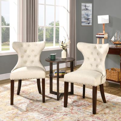 JESONVID Upholstered Modern Dining Chairs Set of 2, High-end Button-Tufted Leather Dining Room Chairs with Nailhead Trim, Solid Wood Legs Table Side Chair for Home, Ivory MJRWT
