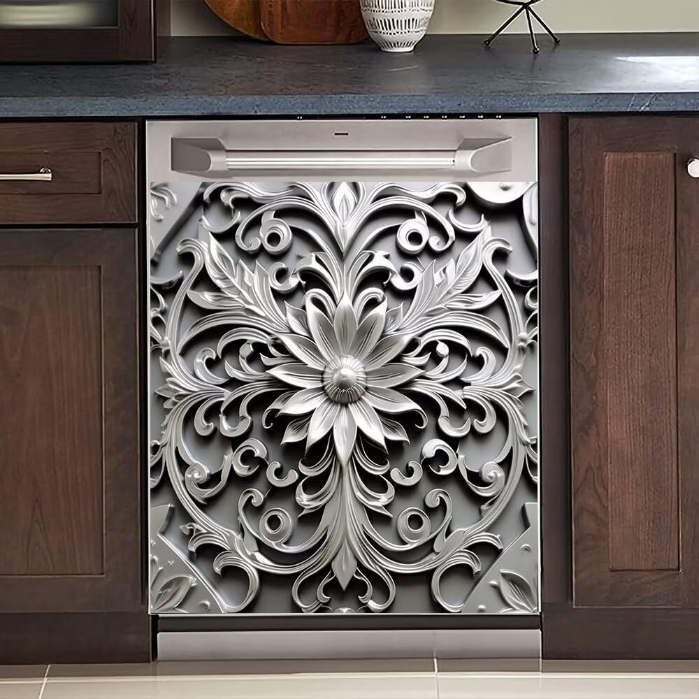 Dishwasher Magnet Cover,Stainless Steel Pattern Kitchen Decorative Magnets Refrigerator Sticker, Retro Style Magnetic Dishwasher Decal, 23"" x 26"" Magnetic, Rimyy20-4