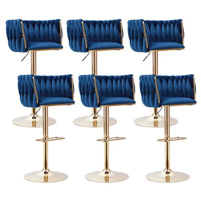 ECHINGLE Blue Velvet Bar Stools Set of 6 - Modern Adjustable Swivel Counter Height Chairs with Woven Back, Gold Metal Leg & Base Bar Chair for Kitchen Island, Dining, Cafe, Pub