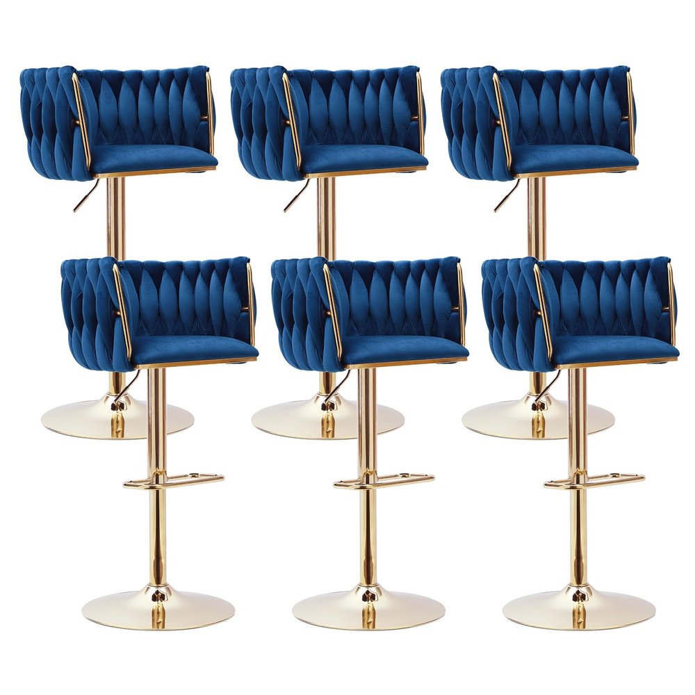 ECHINGLE Blue Velvet Bar Stools Set of 6 - Modern Adjustable Swivel Counter Height Chairs with Woven Back, Gold Metal Leg & Base Bar Chair for Kitchen Island, Dining, Cafe, Pub