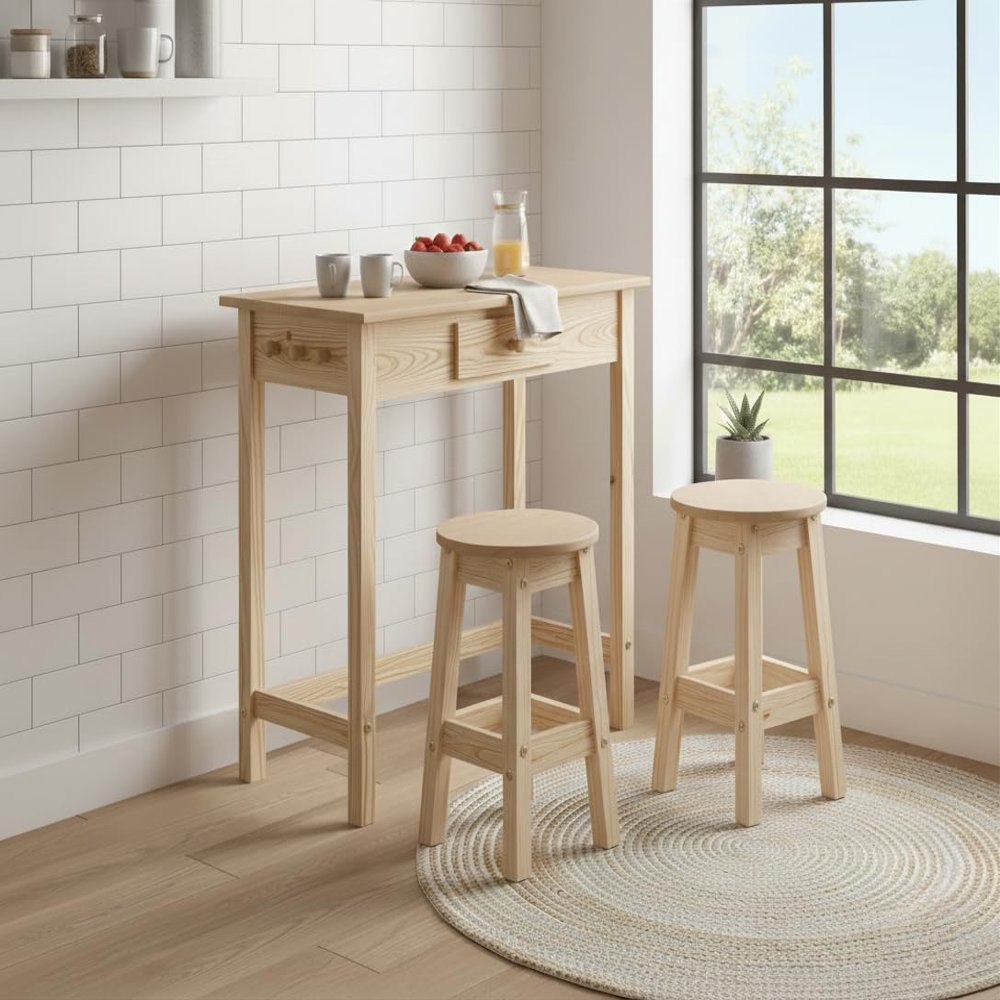 From the Tree Furniture Breakfast Table Set with Stools, Solid Wood Kitchen Table and 2 Stools, Space-Saving Dining Set for Small Spaces, Apartments, Kitchen and Dining Room
