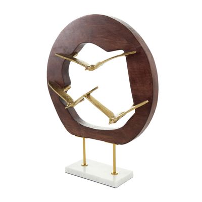 Deco 79 Aluminum Metal Bird Decorative Sculpture Home Decor Statue with Brown Wooden Frame and Marble Base, Accent Figurine 12" x 4" x 15", Gold