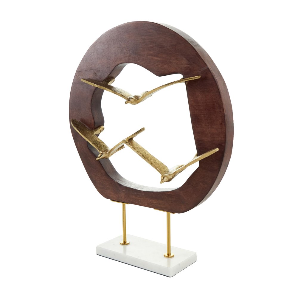 Deco 79 Aluminum Metal Bird Decorative Sculpture Home Decor Statue with Brown Wooden Frame and Marble Base, Accent Figurine 12" x 4" x 15", Gold