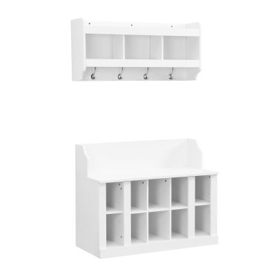 FRITHJILL Contemporary Shoe Storage Bench with Wall Mounted Coat Rack, Elegant Hall Tree for Entryway, Mudroom, White