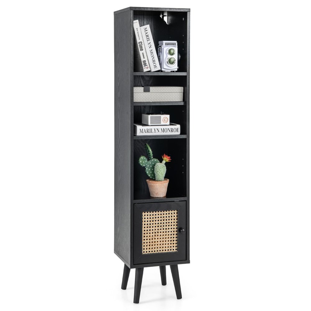 Giantex 54" Tall 4-Tier Bookcase with Door, Freestanding Slim Narrow Book Cabinet with Adjustable Shelf, Vertical Bookshelf with Leg, Open Shelving Display Rack, Boho Wooden 4-Cube Storage Organizer