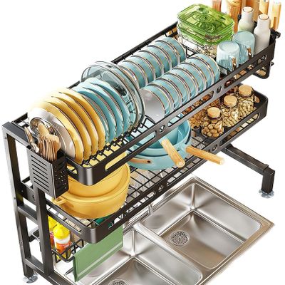 MmuNna Over Sink Dish Drying Rack, 3 Tier Large Dish Drainer for Kitchen, Black Carbon Steel Above Sink Shelf, Counter Storage Organizer with Utensils Holder