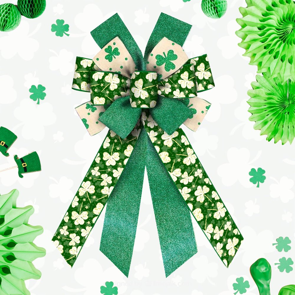 Hying Large St. Patrick's Day Bows for Wreath, Irish Shamrock Wreath Bows Glitter Green Burlap Bows Holiday Tree Bows Ornaments for Front Door Home Saint Patrick's Day Carnival Decorations
